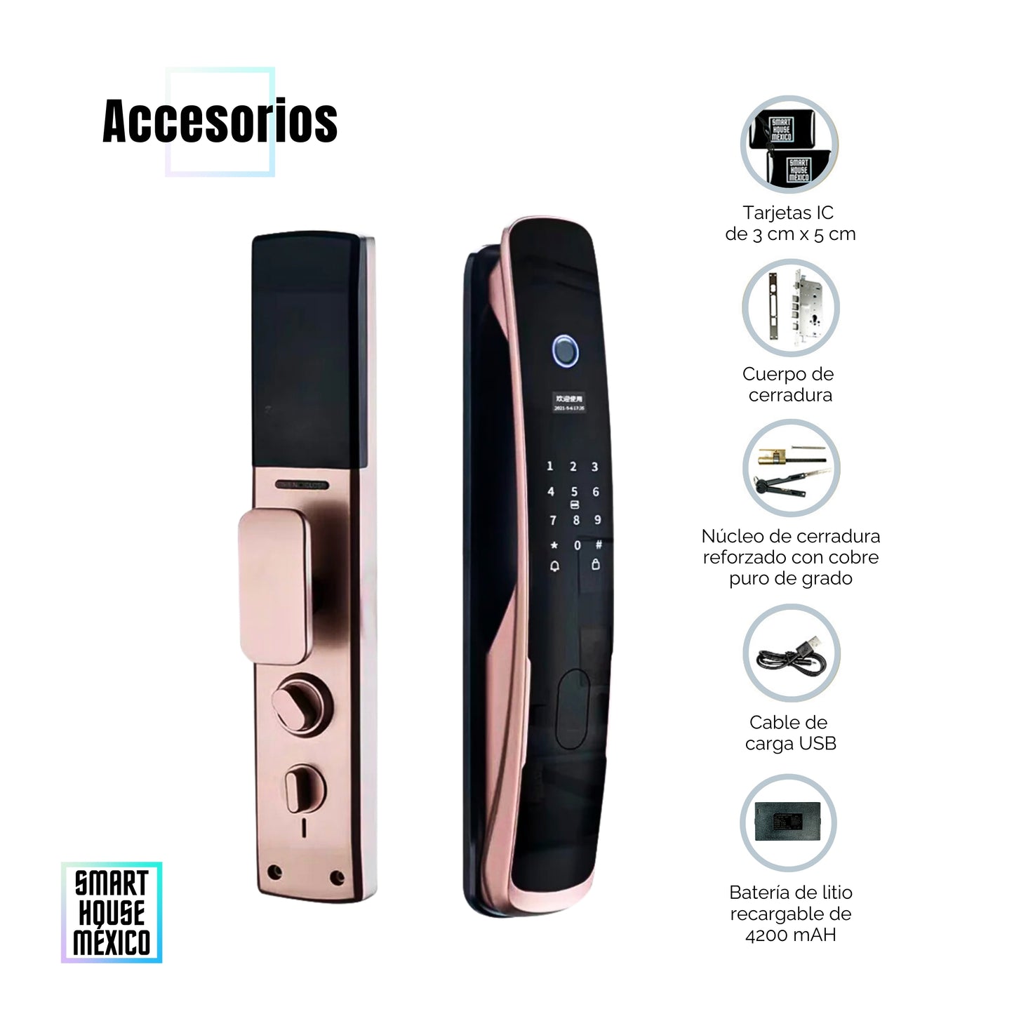 Cerradura Electrónica Wifi De Seguridad con Timbre y 5 Métodos de Apertura - Quantum Oro Rosa